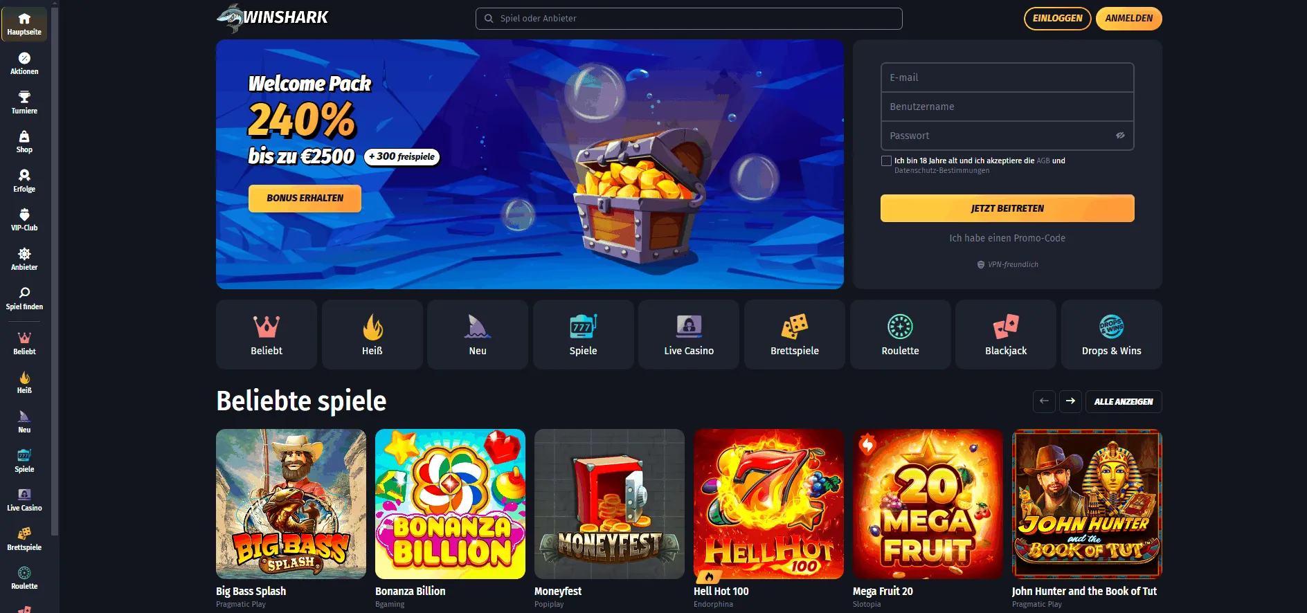 Winshark Casino Lobby mit Paysafecard