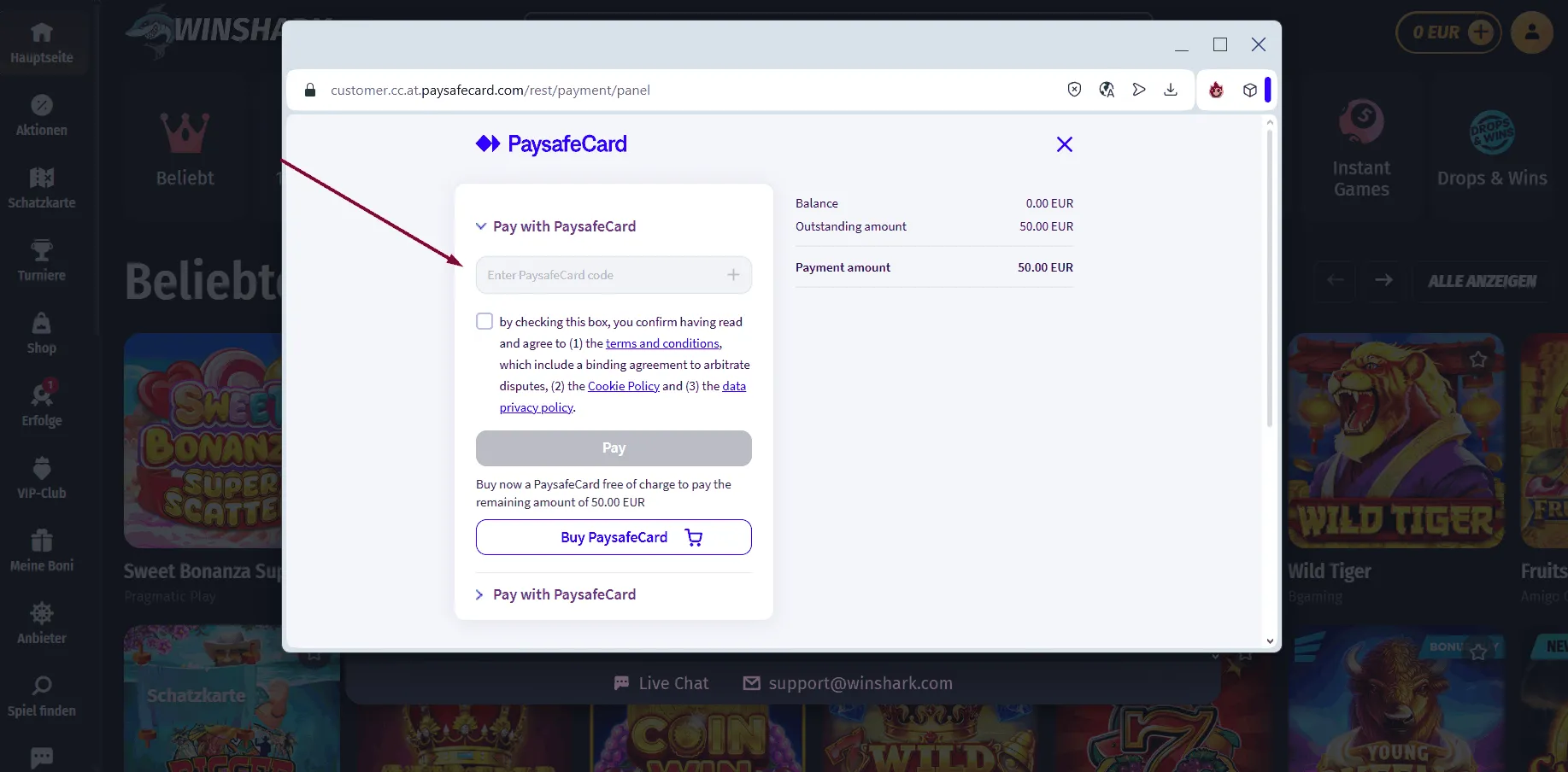 Paysafecard Einzahlung bei Winshark