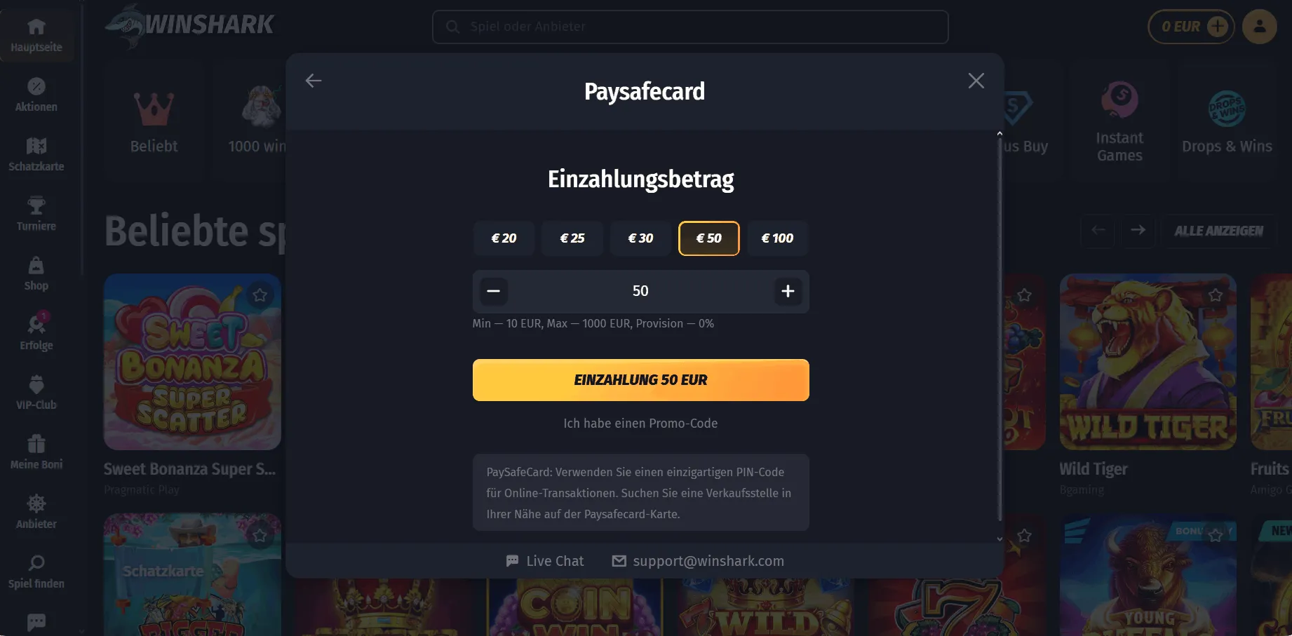 Paysafecard Einzahlung im Winshark Casino
