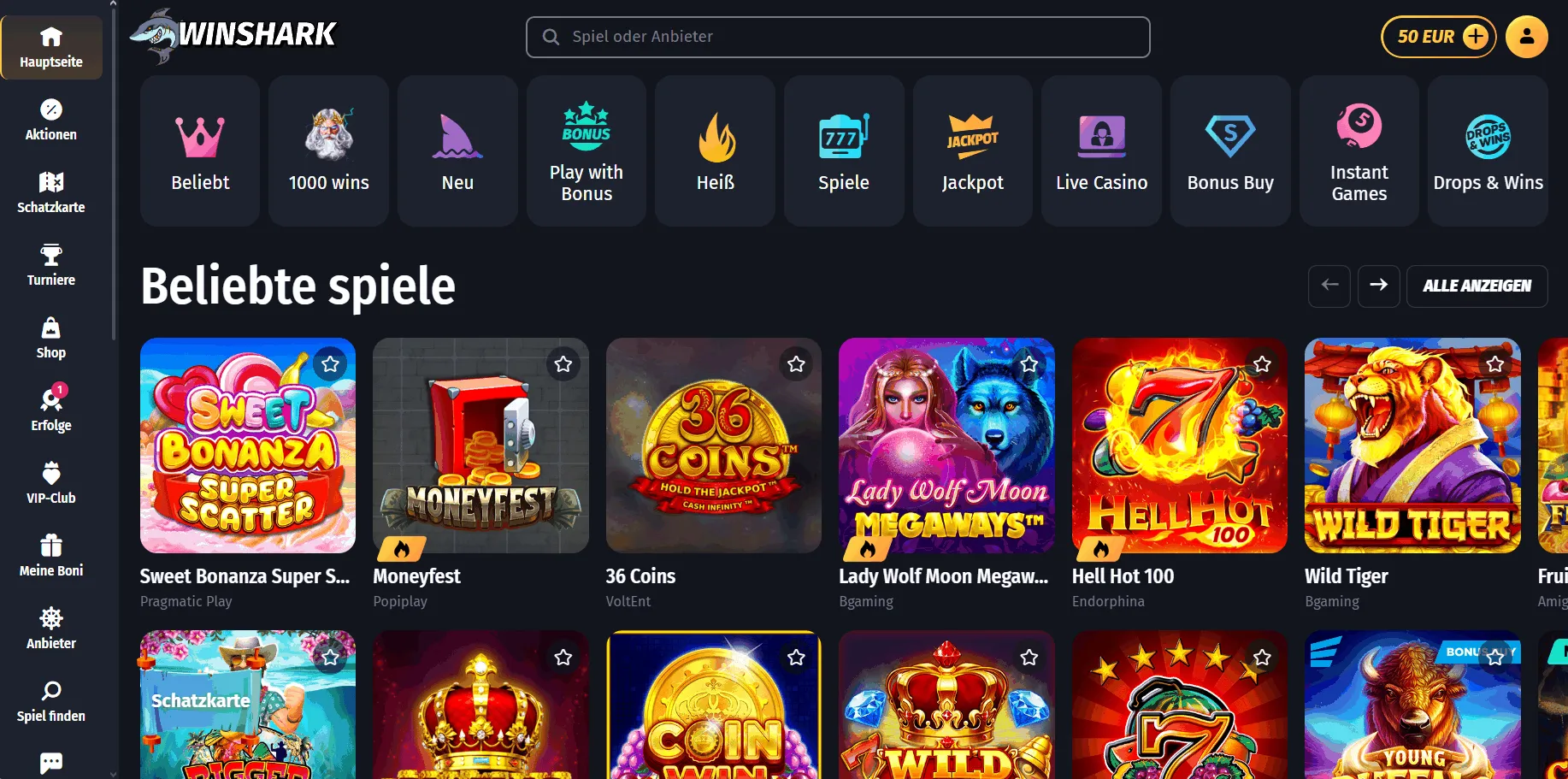 Spieleauswahl bei Winshark Casino